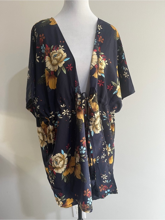 SHEIN Other - Navy Blue Earth Toned Floral Tie-Front Oversized Women's Kimono Beach Cover-up